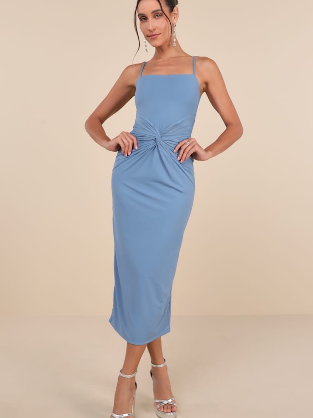 NEW Lulus Mesmerizing Reputation Slate Blue Twist-Front Bodycon Midi Dress XL - Picture 1 of 9
